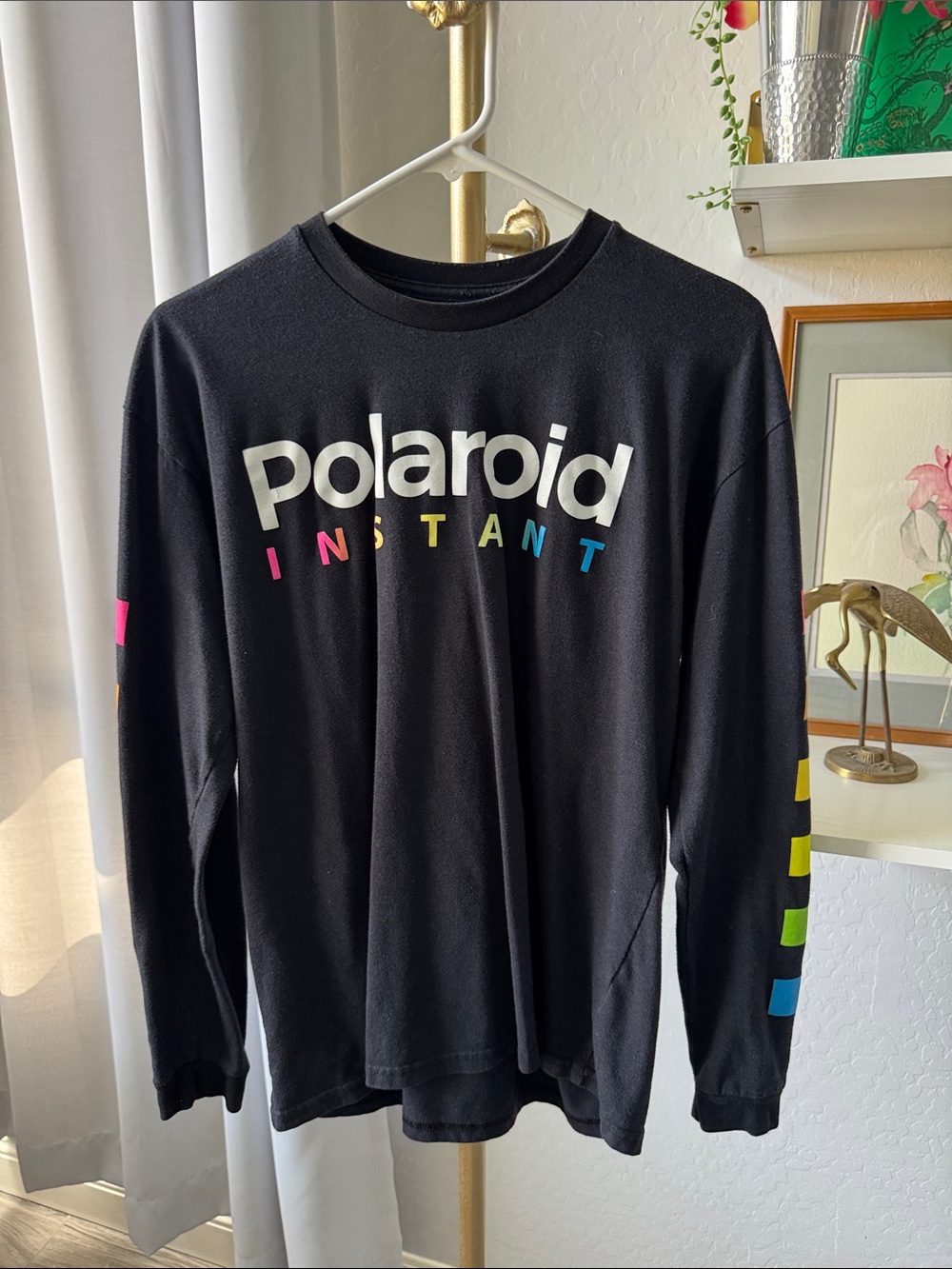 Polaroid Black Crewneck Sweater with Multicolor Logo and Sleeve Accents